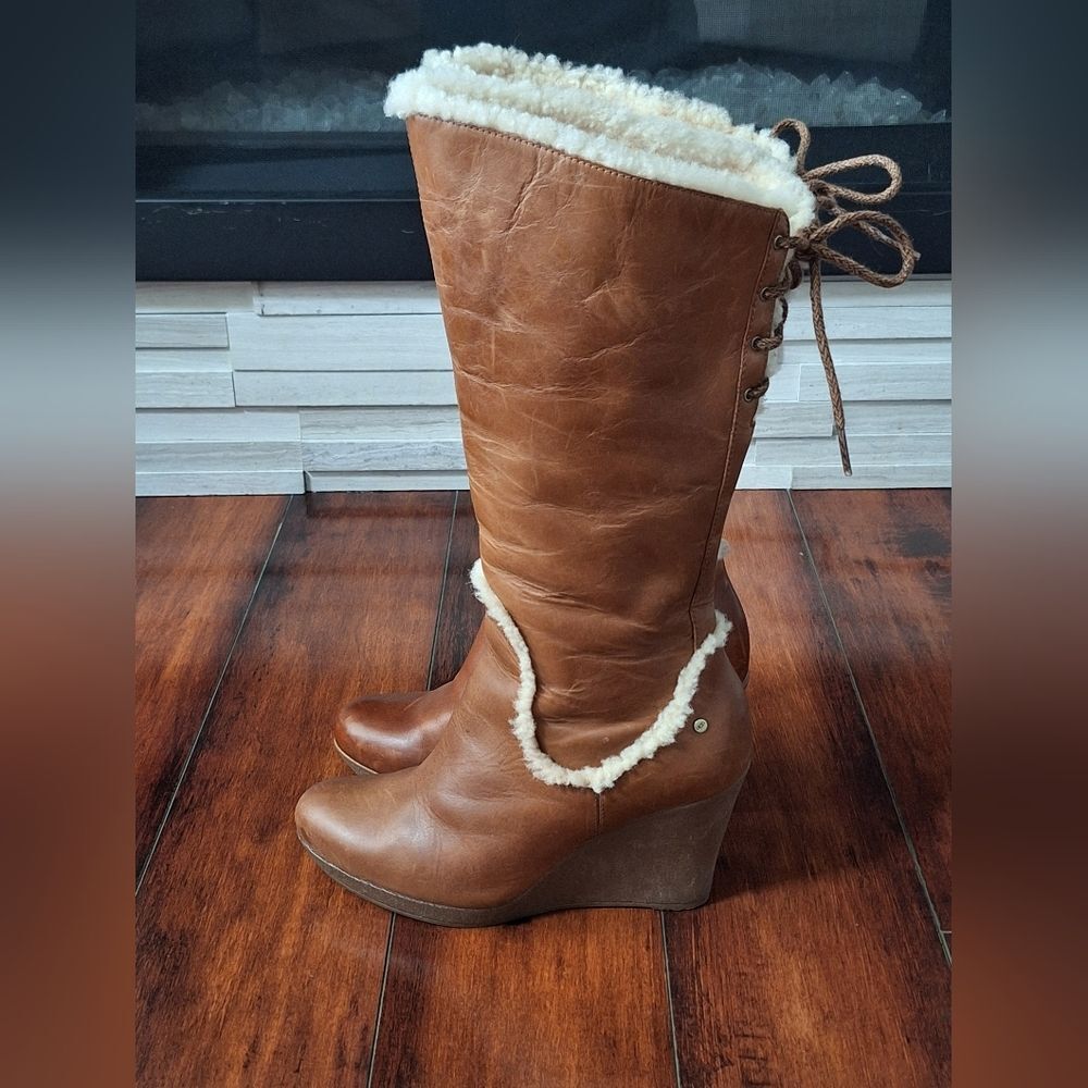 UGG Emilie Leather Mid-Calf Wedge Boots SN 1005665 Size 7.5